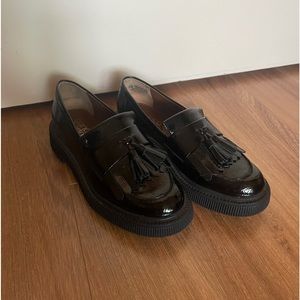 Franco Sarto Black Patent Lug Sole Platform Loafer with Tassel